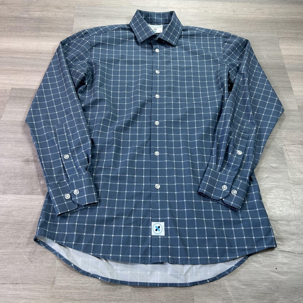 &Collar Shirt Mens‎ Medium Blue Check Slim Fit Stretch Dress Long Sleeve